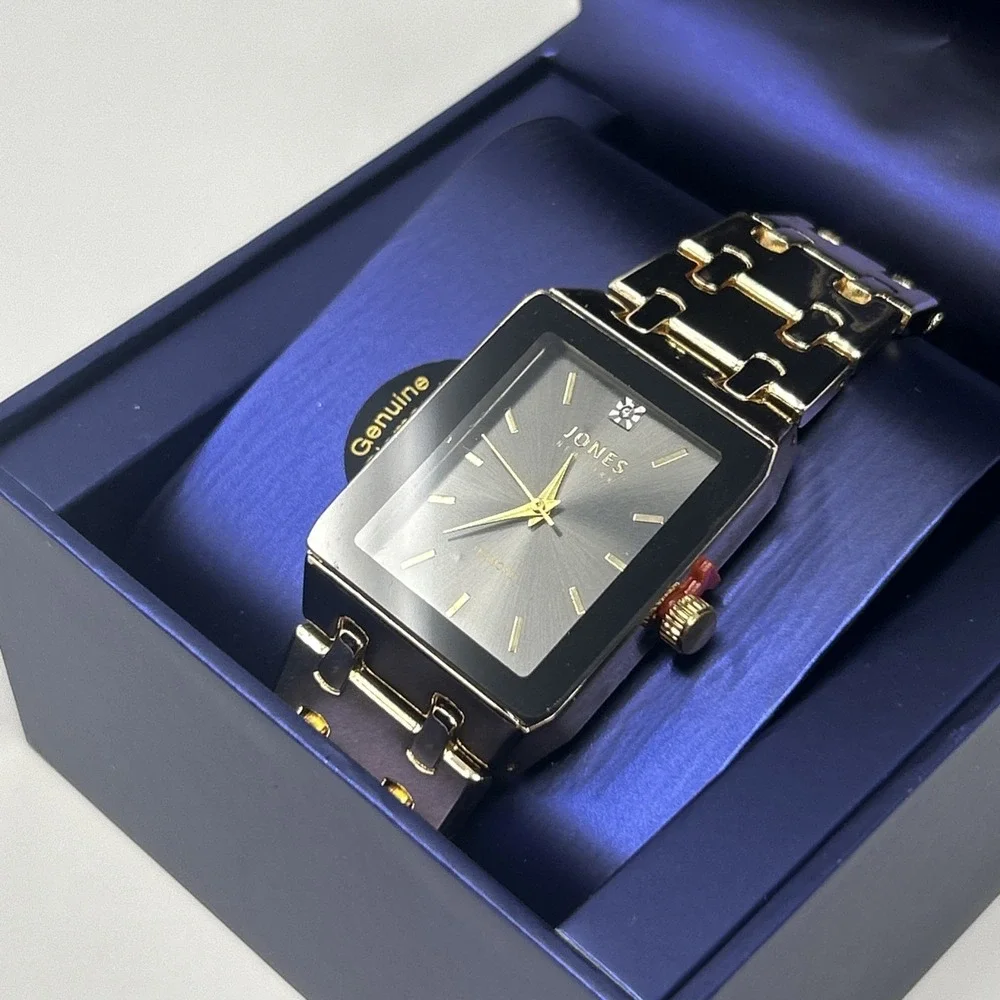 NIB Jones New York Men's Watch Gold Band Black Face Genuine Diamond